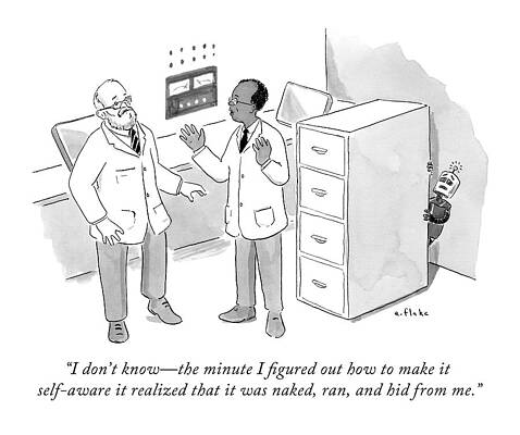 Laboratory Drawing - Two Scientists Talking While A Scared Robot Hides by Emily Flake