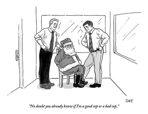 Santa Claus Drawing - Two Smiling Men Interrogate Santa Claus by Carolita Johnson