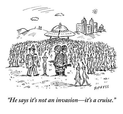 Alien Wall Art featuring the drawing Two Soldiers And A Captain Address An Alien by David Sipress