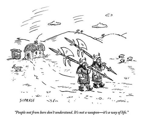 Gun Drawing - Two Viking-esque Guys Are Walking Down A Path by David Sipress