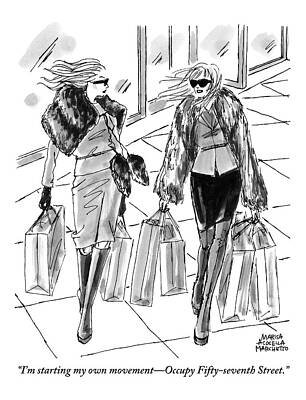 Fashionable Shoppers on City Street Drawing