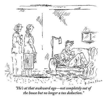 Teen Wall Art featuring the drawing Two Women Stare At Dirty Guy On Couch by Barbara Smaller