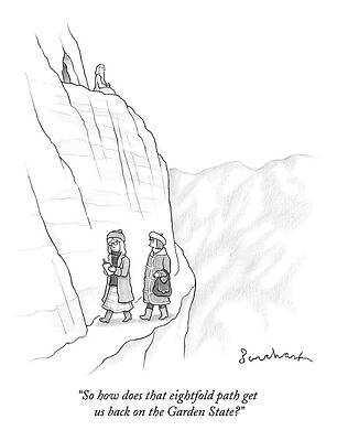 Hiking Drawing - Two Women Walk Down From The Guru On The Mountain by David Borchart