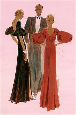 Red Digital Art - Two Women Wearing Mainbocher Evening Gowns by Eduardo Garcia Benito