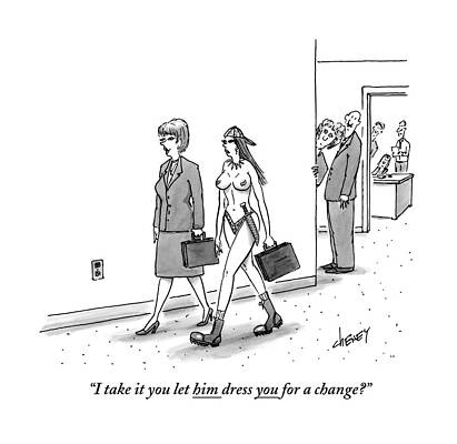 Naked Drawing - Two Women With Briefcases Walk Down A Hallway by Tom Cheney