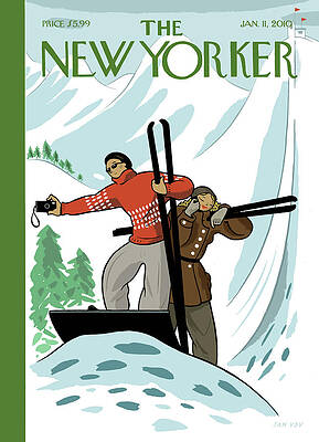 Skiers with Camera in Winter Landscape Painting