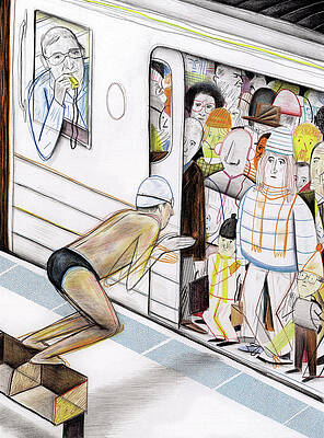 Swimmer Boarding a Crowded Train Wall Art