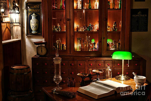 Vintage Apothecary with Green Lamp Photograph