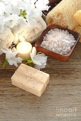 Spa Essentials on Wooden Table Photograph