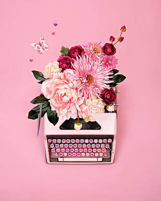 Floral Typewriter on Pink Background Wall Art