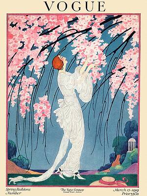 Woman in Flowing Gown Under Cherry Blossoms Photograph