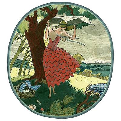 Rain Wall Art featuring the digital art Vogue Magazine Illustration Of A Woman Protecting by Leslie Saalburg