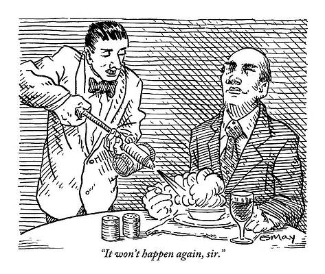 Salt Wall Art featuring the drawing Waiter Spraying Insecticide Into Man's Dinner by Rob Esmay