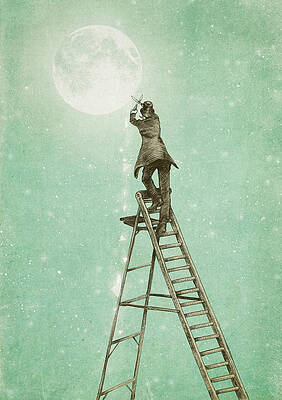 Man Climbing Ladder to the Moon Wall Art