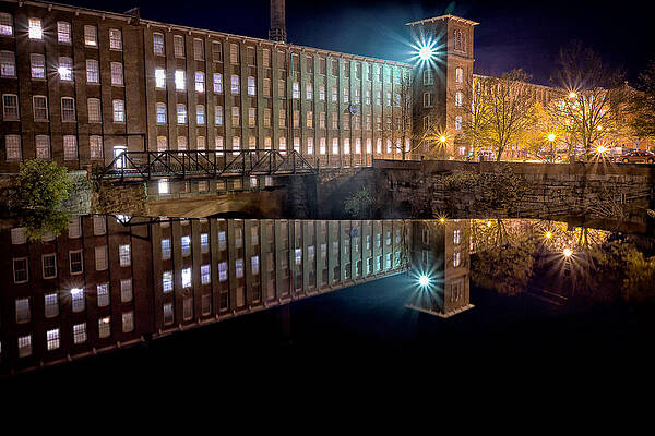 Reflection Wall Art featuring the photograph Waterfall At The Cocheco Mill At Night by Jeff Sinon