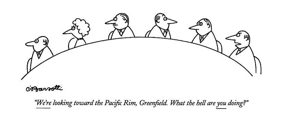 Round Drawing - We're Looking Toward The Paci?c Rim by Charles Barsotti