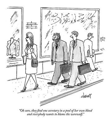 Walking Drawing - Werewolf Businessman Walking Down The Street by Tom Cheney