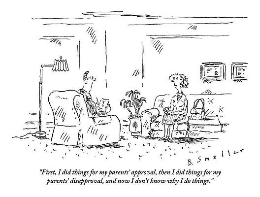 Teen Wall Art featuring the drawing Woman Sitting On A Couch Says To Her Therapist by Barbara Smaller