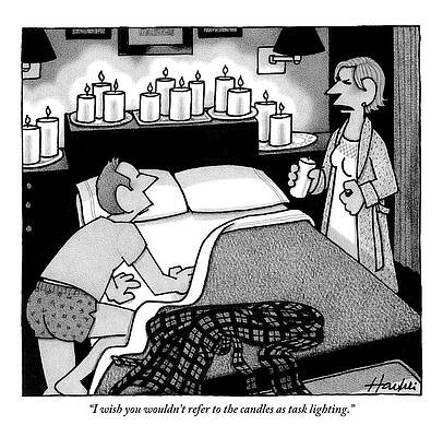 Candle Wall Art featuring the drawing Woman Speaks To Man As Man Climbs In To Bed by William Haefeli