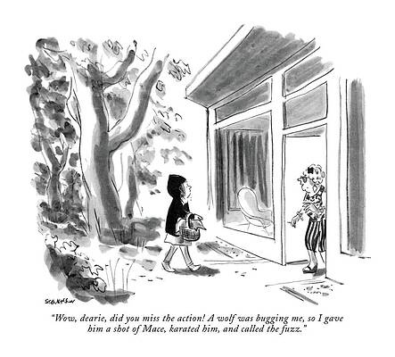 Hood Drawing - Wow, Dearie, Did You Miss The Action! A Wolf by James Stevenson