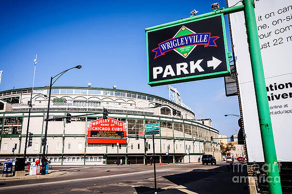 Illinois Wall Art featuring the photograph Wrigleyville Sign And Wrigley Field In Chicago by Paul Velgos