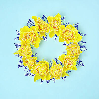 Wall Art featuring the photograph Yellow Roses In A Circle With Drawings by Juj Winn
