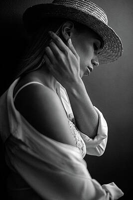 Wall Art featuring the photograph Young Beautiful Woman Wearing Black Hat by Coffeeandmilk