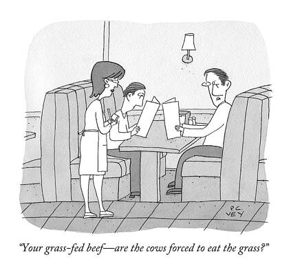 Cow Wall Art featuring the drawing Your Grass-fed Beef - Are The Cows Forced To Eat by Peter C. Vey