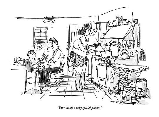 Humorous Family Kitchen Scene Drawing