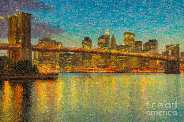 Wall Art featuring the photograph Brooklyn Bridge Twilight Impasto by Clarence Holmes