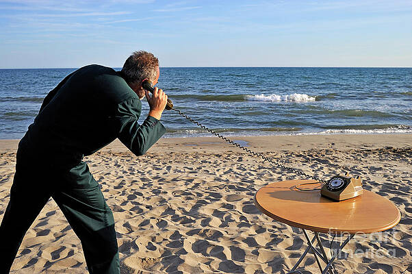 Beach Wall Art featuring the photograph Businessman On Beach With Landline Phone by Sami Sarkis Photography
