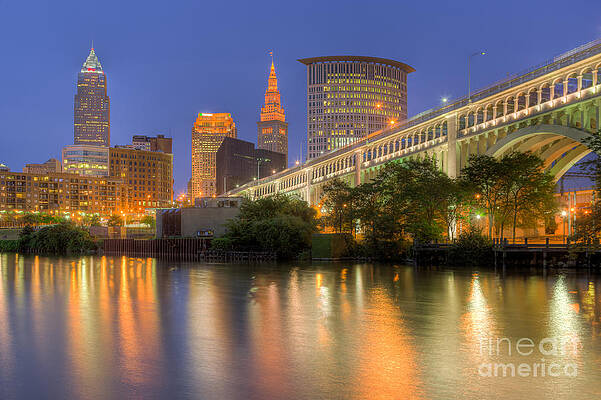 Reflection Wall Art featuring the photograph Cleveland Night Skyline I by Clarence Holmes