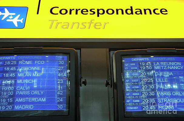 Close Up Photograph - Departure Screens And Transfer Sign At Airport by Sami Sarkis Photography