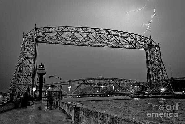 Wall Art featuring the photograph Duluth Lift Bridge Under Lightning by Duluth To Door County Photography