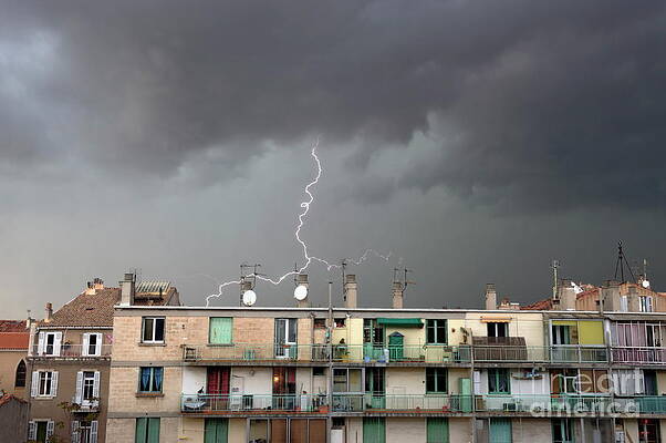 Outdoors Wall Art featuring the photograph Lightning Storm Over Buildings by Sami Sarkis Photography