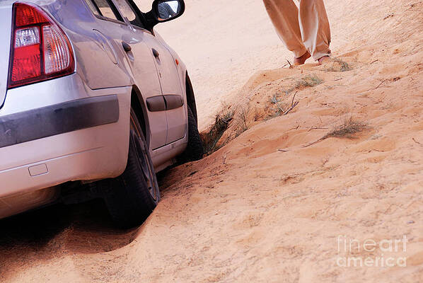 Transportation Wall Art featuring the photograph Man Standing By Car Stuck In Sand In Desert by Sami Sarkis Photography