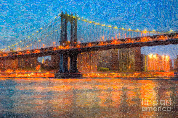 Wall Art featuring the photograph Manhattan Bridge Twilight Impasto by Clarence Holmes