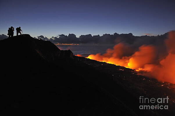 Wall Art featuring the photograph People Watching Lava Flowing To The Sea At Sunrise by Sami Sarkis Photography