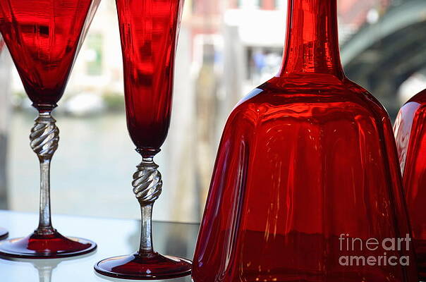 Close Up Photograph - Red Glasses On Shelves In Murano by Sami Sarkis Photography