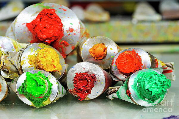 Close Up Photograph - Row Of Paint Tubes At Painter's Workshop by Sami Sarkis Photography