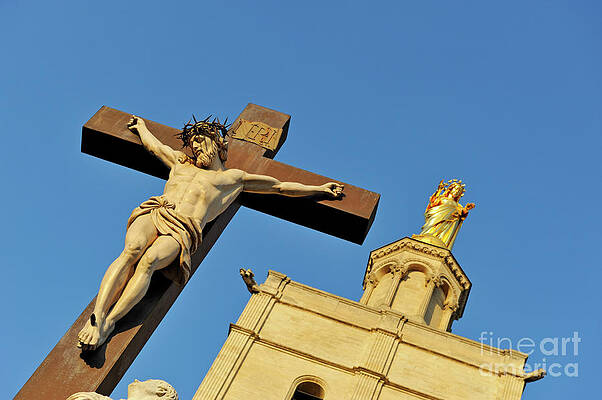 Outdoors Wall Art featuring the photograph Virgin Statue And Jesus-Christ On Cross by Sami Sarkis Photography