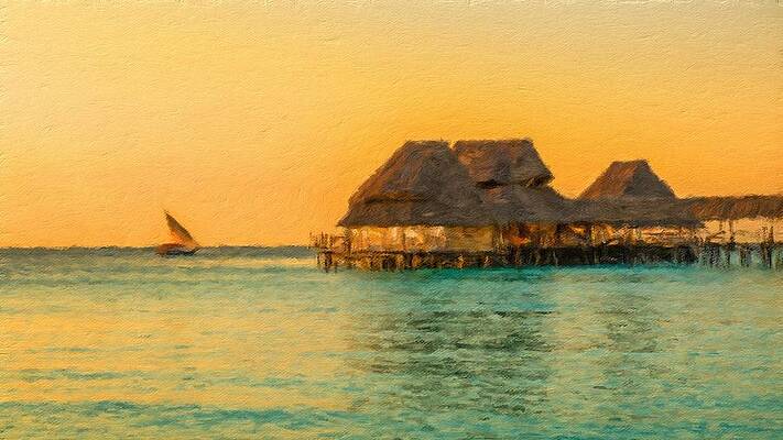 Digital Art - Bar And Cafe On Water At Sunset In Zanzibar, Tanzania #1 by Miroslav Liska