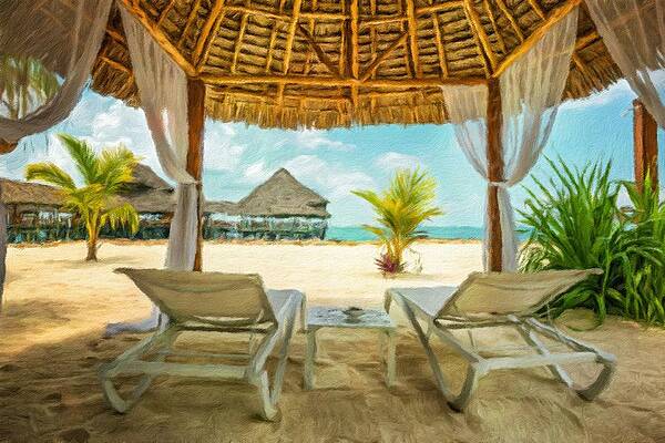 Digital Art - Beach Lounges And A Beach Bar, Zanzibar, Tanzania #1 by Miroslav Liska