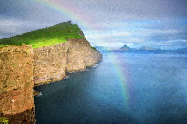 Landscape Painting - Giant Sea Cliffs On Faroe Islands With A Rainbow #1 by Miroslav Liska
