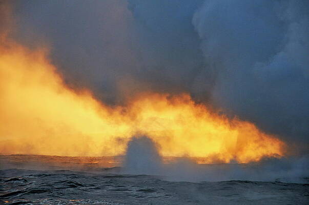 Wall Art featuring the photograph Steam Rising Off Lava Flowing Into Ocean At Sunset #1 by Sami Sarkis Photography