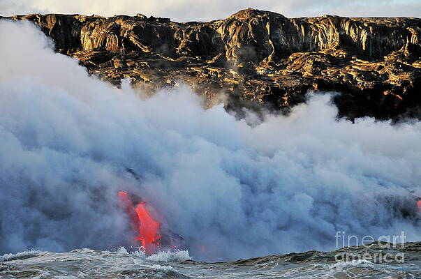 Wall Art featuring the photograph Steam Rising Off Lava Flowing Into Ocean #1 by Sami Sarkis Photography