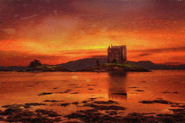 Landscape Painting - Sunset Over Castle Stalker,  Scotland, United Kingdom #2 by Miroslav Liska