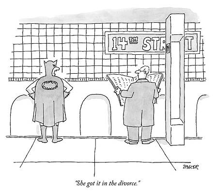 Batman Wall Art featuring the drawing A Man In Batman Suit Stands Beside Another Man by Jack Ziegler