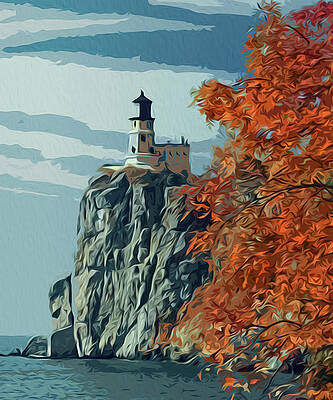 Scenic Wall Art featuring the painting A View On The Split Rock Lighthouse by AM FineArtPrints
