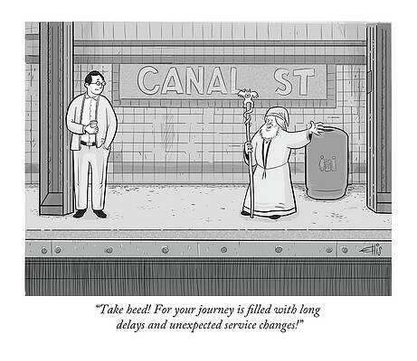 Wizard Advises Commuter on Subway Platform Wall Art